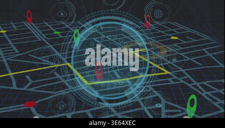Displaying cyan holographic interface over dark grid, tracing yellow route and red, green pins Stock Photo