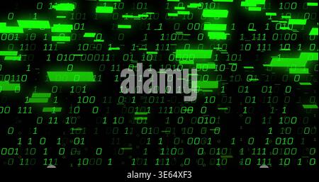 Streaming binary digits 0 and 1 with glowing green bars and streaks in digital data stream Stock Photo