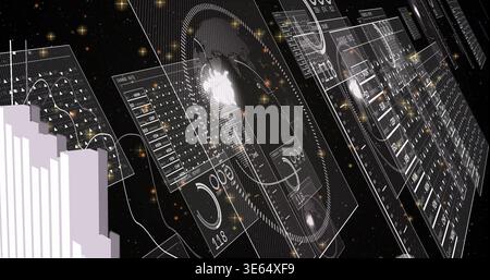 Displaying central hologram panel floating in space with circular gauge, charts, pale blocks left Stock Photo