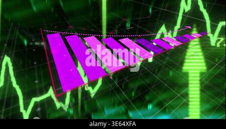 Displaying magenta 3D bar chart rising in virtual trading dashboard, with green arrow, trendline Stock Photo