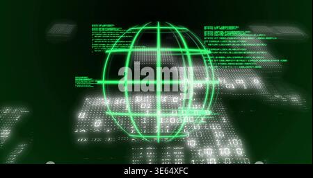 Rotating neon-green wireframe globe glowing in cyberspace, showing binary digits and data panels Stock Photo