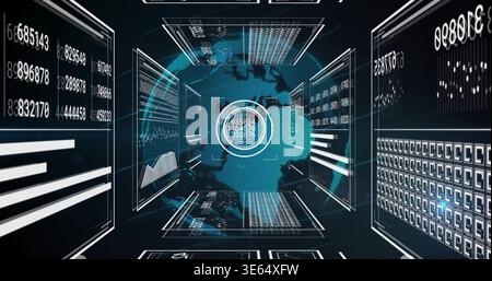 Displaying central holographic globe rotating in 3D analytics cockpit, with floating data panels Stock Photo