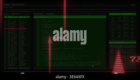 Displaying Data Terminal UI with central code pane, left entries, right hex dump panels, red scan Stock Photo