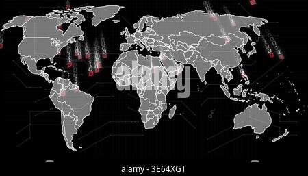 Displaying stylized world map streaming binary digits in data dashboard, showing red square markers Stock Photo