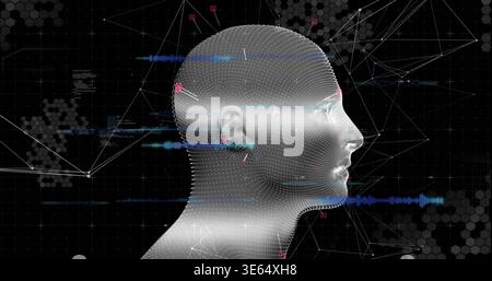 Rendering dotted mesh 3D head model facing right in grid, showing blue waveforms and red nodes Stock Photo