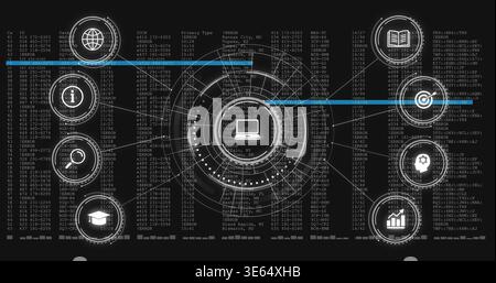 Displaying central HUD with laptop icon linking to peripheral icons on dark dashboard with code Stock Photo