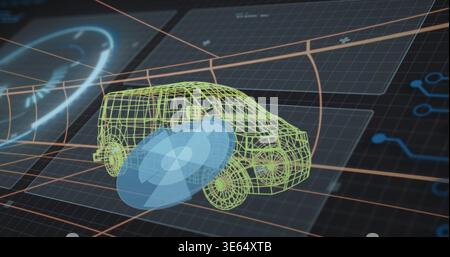 Displaying green wireframe minivan or SUV floating over orange 3D grid lines, with blue sensor disk Stock Photo