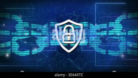 Glowing central white shield with padlock protecting virtual network, with teal code streams Stock Photo