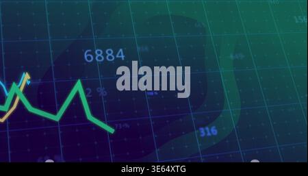 Displaying green zigzag trend line moving across trading chart grid with thin yellow line, labels Stock Photo