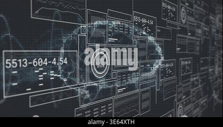 Displaying central data panels and wireframe cloud path in virtual 3D grid, with gauge Stock Photo