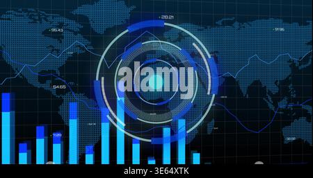 Displaying central circular HUD overlaying dotted world map at virtual dashboard, with blue charts Stock Photo