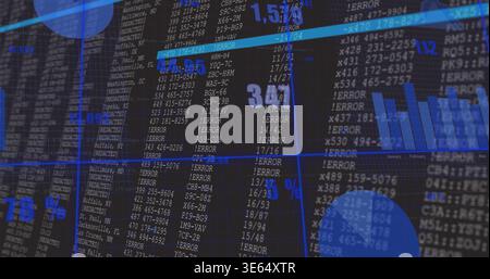Displaying large monitor at trading desk showing data codes, ERROR entries, percents, blue charts Stock Photo