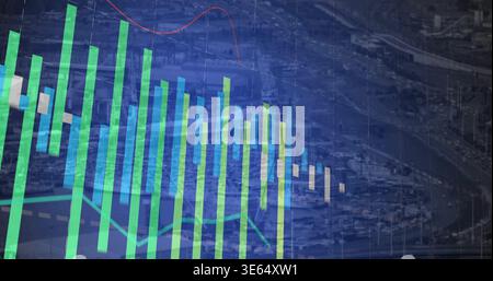 Showing green blue bars dominating center over coastal harbor, with teal red line graphs Stock Photo