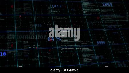 Displaying central data cluster pulsing within virtual dashboard showing code, cyan grid, 64% Stock Photo