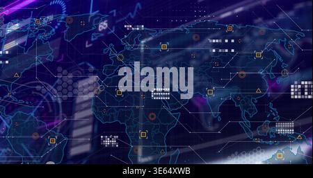 Displaying digital world map on dashboard, showing node markers, data tiles, hex grid, streaks Stock Photo