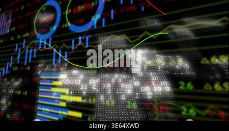 Displaying trading dashboard showing candlestick charts color line graphs stacked bars, binary map Stock Photo