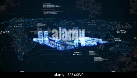 Projecting holographic data center model on virtual dashboard, showing towers and warnings Stock Photo