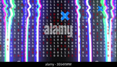 Streaming binary column showing digits 0 and 1 in neon-streaked field, with two blue X glyphs Stock Photo