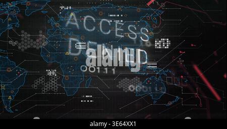 Displaying ACCESS DENIED overlay on world map in security dashboard with hex nodes and red accents Stock Photo