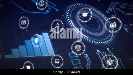 Displaying HUD in virtual dashboard showing blue fivebar chart and icon nodes with circuit traces Stock Photo