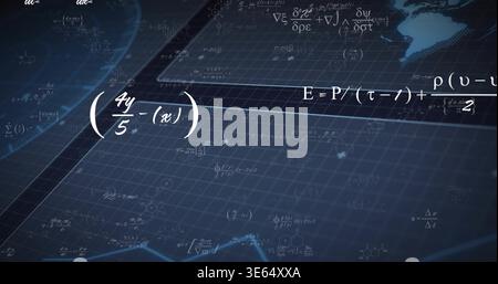 Displaying white math formulas across central blue grid plane, with equation E=P or (?-1)+?(?-u) or Stock Photo