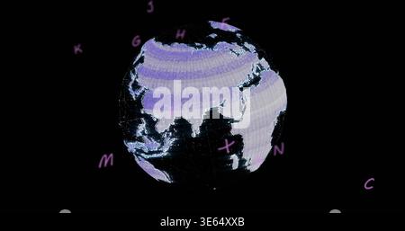 Floating globe showing Asia Australia Africa in black void with pixel scanlines and purple letters Stock Photo