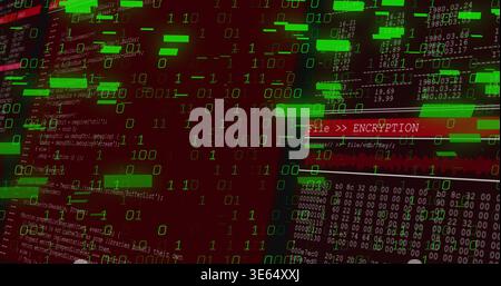 Displaying console showing File  ENCRYPTION banner, green binary digits and hex dump on monitor Stock Photo