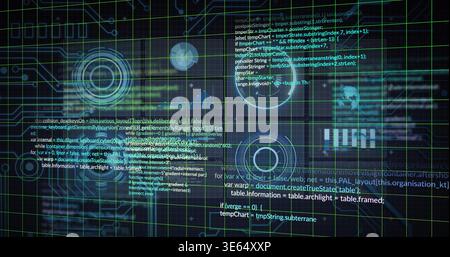 Displaying central HUD projecting layered code, charts, glowing data nodes on virtual dashboard Stock Photo