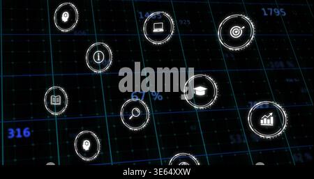 Floating cluster of holographic icons with gear icon hovering over dark teal grid, showing 67% Stock Photo