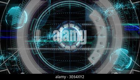 Projecting central holographic HUD rotating with rings at virtual control console, showing globes Stock Photo