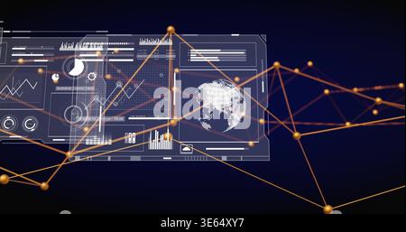 Floating hologram dashboard panels and golden node network forming mesh in navy showing 3D globe Stock Photo
