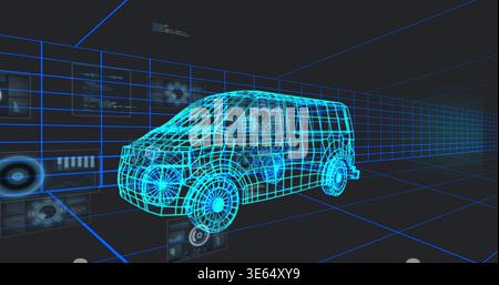 Displaying neon-cyan wireframe van model rotating in VR simulation, with grid planes and HUD panels Stock Photo