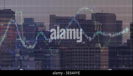 Displaying market chart over downtown towers at dusk, showing candlestick, colored lines, % labels Stock Photo