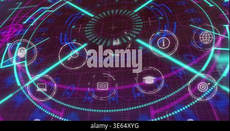 Displaying holographic circular interface pulsing over magenta grid, with HUD hub and icon nodes Stock Photo