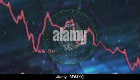 Displaying wireframe globe with white mesh and jagged red market line on dashboard 68 Stock Photo