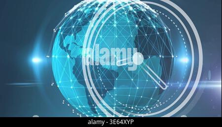 Glowing globe displaying Americas outlines and polygon mesh in virtual HUD, showing clock hands Stock Photo