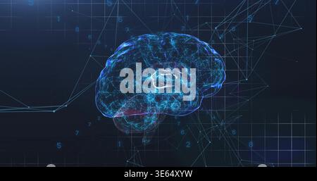 Floating digital wireframe brain hologram pulsing with glowing neural nodes on virtual grid plane Stock Photo