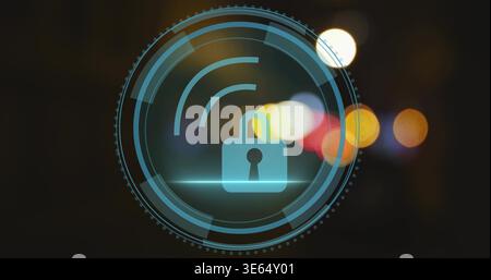 Displaying teal padlock glowing at center with concentric HUD rings and light streak, dark backdrop Stock Photo
