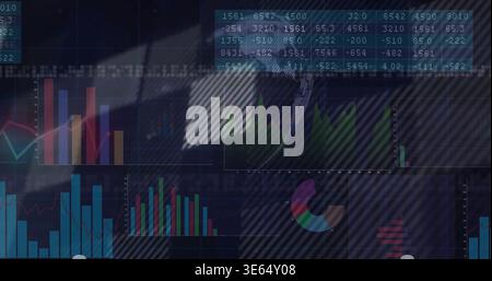 Showing dashboard centering on dark screen with bar-line charts tables translucent panels striped Stock Photo