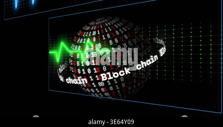 Rotating glossy 3D globe displaying binary inside digital HUD, with blockchain ring and waveform Stock Photo