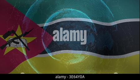 Displaying Mozambique flag showing hoist emblem and overlying wireframe globe in digital art Stock Photo