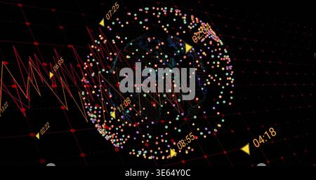 Showing spherical network globe rotating in dark 3D space with red zigzag line, yellow time markers Stock Photo