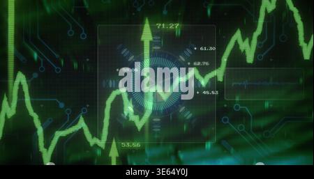 Showing neon green line graph rising on-screen HUD with radial gauge, numeric labels, upward arrows Stock Photo