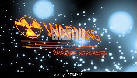 Flashing glowing orange trefoil and WARNING text centered on HUD display, showing urgent alert Stock Photo
