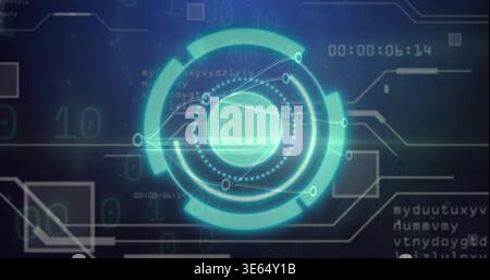 Projecting central circular holographic interface displaying rings, nodes, timer on digital display Stock Photo