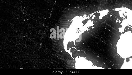 Showing globe with white continents on right in data space, halftone halo, grain, copy space Stock Photo