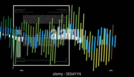 Displaying waveform on black screen, showing colorful bars, white strip, code panel, numeric tags Stock Photo