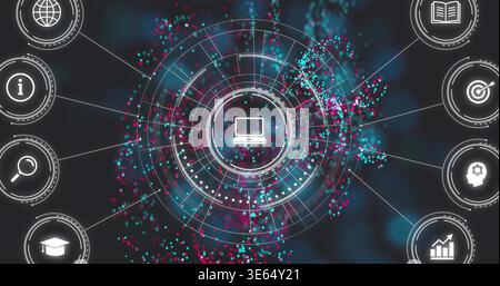 Animating central HUD showing laptop icon with radial lines and cyan magenta cloud in virtual UI Stock Photo