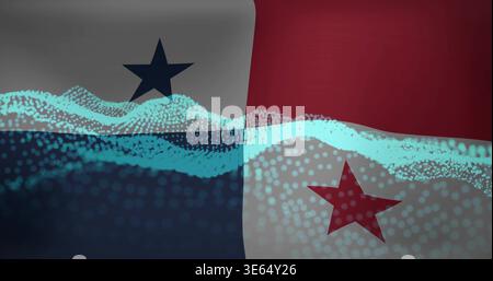 Displaying Panama flag filling digital art, overlaying cyan particle wave, featuring blue red stars Stock Photo