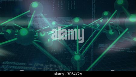Displaying luminous green nodes and connecting rods on dark grid floor, with floating code Stock Photo